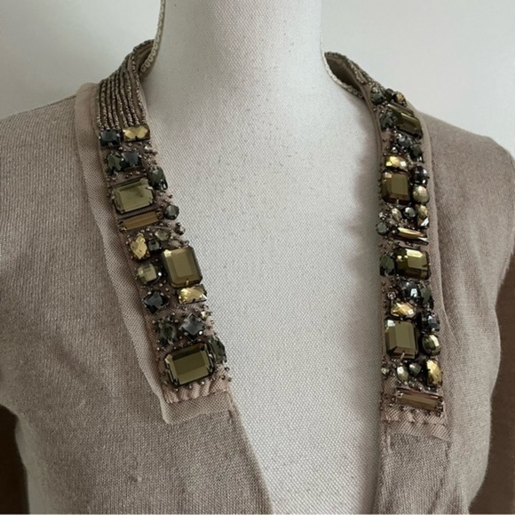 Loft • Beige Tan Gemstone Jewelled Merino Wool Cardigan - Picture 2 of 6
